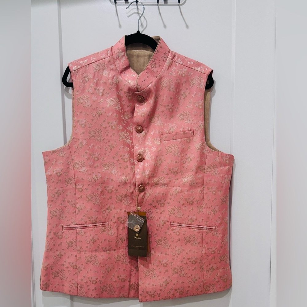 Tasva peach Indian traditional waistcoat bundi vest mens size L brand new - Picture 3 of 15
